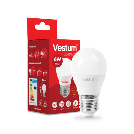 Лампочка Vestum G45 6W 3000K 220V E27 (1-VS-1202)