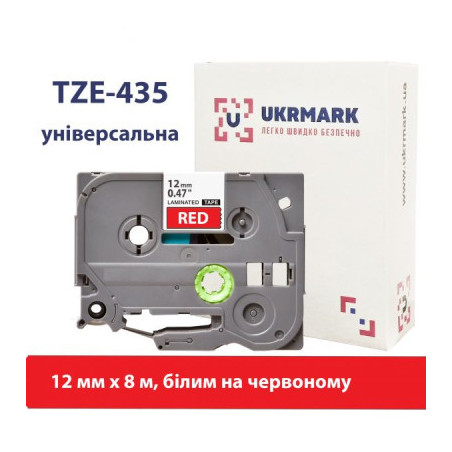 Стрічка для принтера етикеток UKRMARK B-T435P, ламінована, 12мм х 8м, white on red, аналог TZe435 (900784)