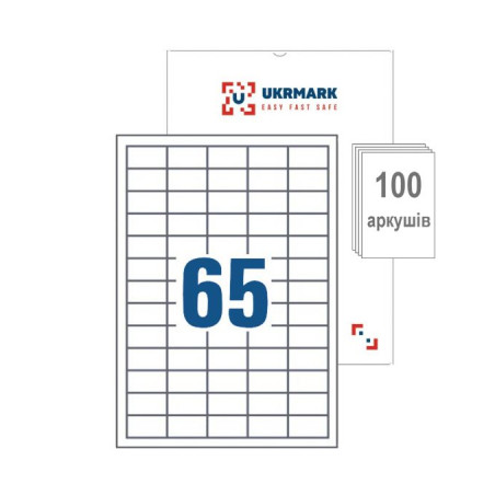 Етикетка самоклеюча UKRMARK A4-65-W1, А4, 65 на листі, 38.1мм х 21.2мм, 100 аркушів (900625)