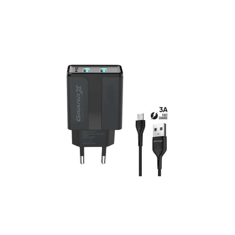 Зарядний пристрій Grand-X CH-15UMB (5V/2,1A + DC cable 2,4А USB - Micro USB 1m) Black (CH-15UMB)