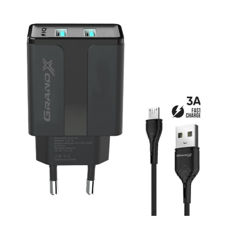 Зарядний пристрій Grand-X CH-15UMB (5V/2,1A + DC cable 2,4А USB - Micro USB 1m) Black (CH-15UMB)