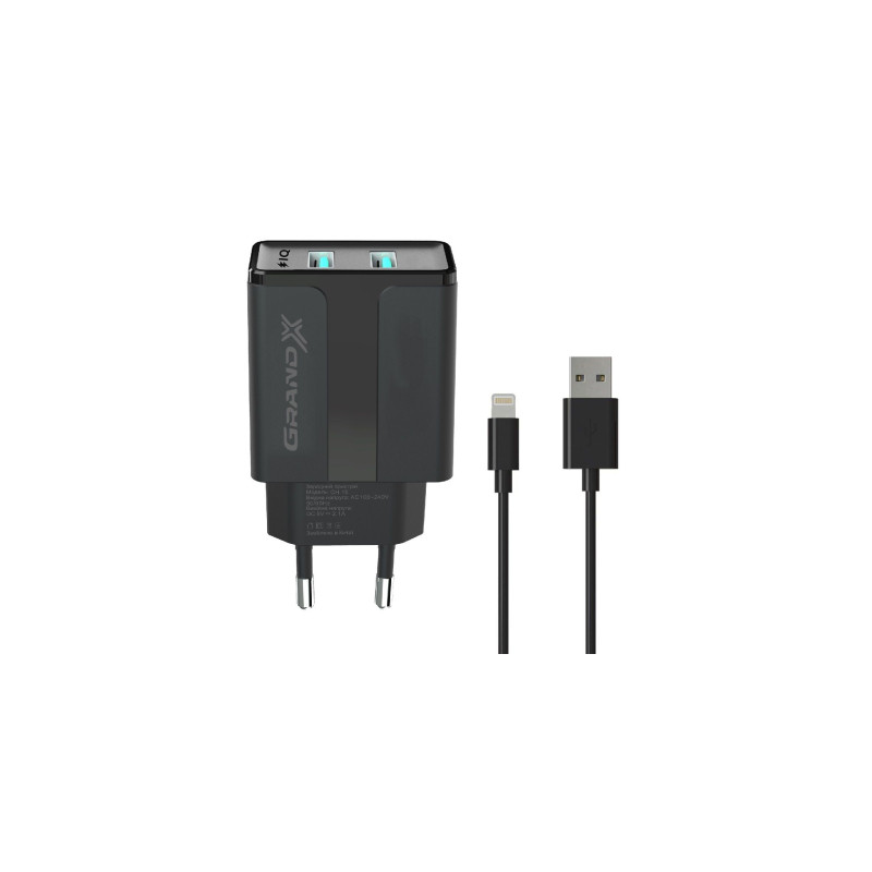 Зарядний пристрій Grand-X 5V 2,1A Black + cable USB-Lightning (CH15LTB)