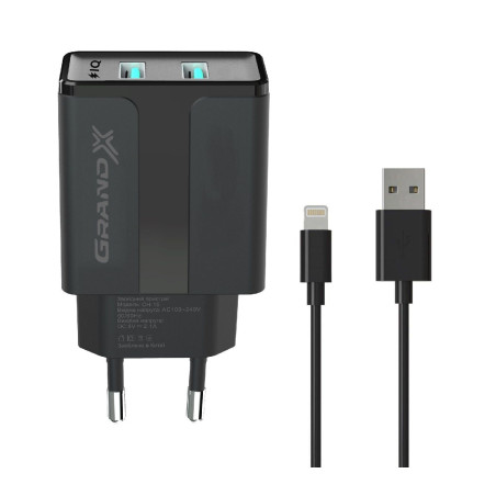 Зарядний пристрій Grand-X 5V 2,1A Black + cable USB-Lightning (CH15LTB)