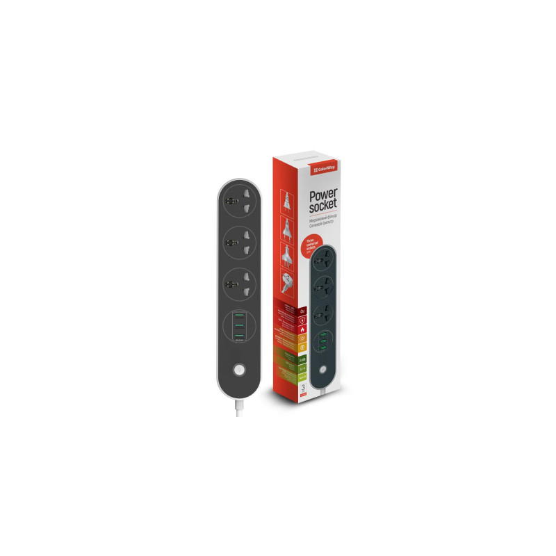 Мережевий фільтр живлення ColorWay CW-CHU33B, 3 розетки/3USB Black 1.8M (CW-CHU33B)
