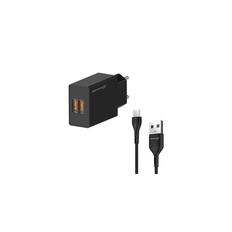Зарядний пристрій Grand-X CH-15T 5V 2.1A 2USB Black + cable USB - Type-C (CH-15T)