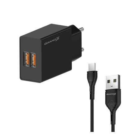 Зарядний пристрій Grand-X CH-15T 5V 2.1A 2USB Black + cable USB - Type-C (CH-15T)