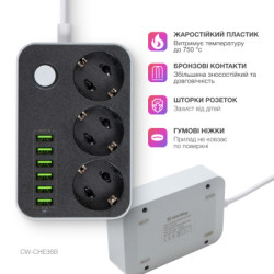 Мережевий фільтр живлення ColorWay CW-CHЕ36B, 3 розетки/6USB Black 1.8M (CW-CHE36B)