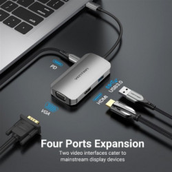 Концентратор Vention USB3.1 Type-C -- HDMI/VGA/USB 3.0/PD 100W Hub 4-in-1 (TOAHB)