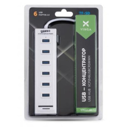 Концентратор Vinga 6xUSB2.0 + card-reader with switch 0.8m (VCP2H6USBCRSWWH)