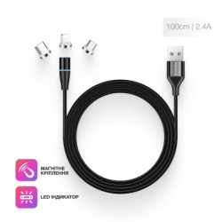 Дата кабель USB 2.0 AM to Lightning + Micro 5P + USB-C 1.0m Magnetic ColorWay (CW-CBUU038-BK)