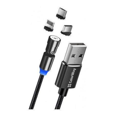 Дата кабель USB 2.0 AM to Lightning + Micro 5P + USB-C 1.0m Magnetic Ro ColorWay (CW-CBUU037-BK)