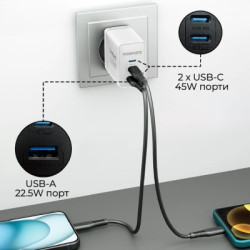 Зарядний пристрій Promate powerport-45 2xUSB-C PD + USB-A QC 45W White (powerport-45.white)
