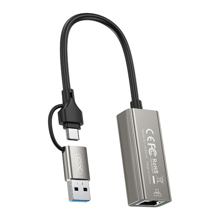 Адаптер USB-C + USB A to RJ45 Ethernet 100Mbps XO (HUB018.black)
