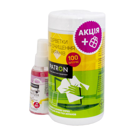 Універсальний чистячий набір Patron Screen wipes 100pcs F3-027 + Hand sanitizer 50ml (CS-PN-F3-050)