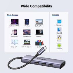 Концентратор Ugreen USB-C to HDMI + 3xUSB 3.0 + PD CM511 gray (15596)