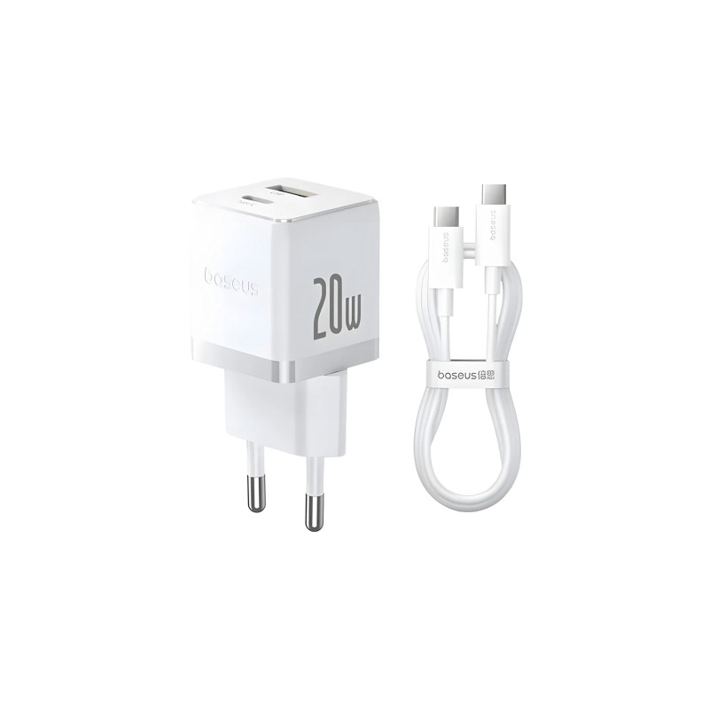 Зарядний пристрій Baseus 1xUSB-C 20W + 1xUSB white + cable USB-C to USB-C 60W 1.0m (P10111608213-01)