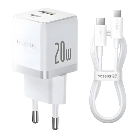 Зарядний пристрій Baseus 1xUSB-C 20W + 1xUSB white + cable USB-C to USB-C 60W 1.0m (P10111608213-01)