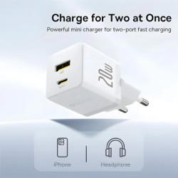 Зарядний пристрій Baseus 1xUSB-C 20W + 1xUSB white + cable USB-C to USB-C 60W 1.0m (P10111608213-01)