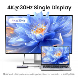 Порт-реплікатор Ugreen Dock CM498 USB 3.0 Type-C - 1хUSB-A 3.0/3хUSB-A 2.0/2xHDMI 4K 30Гц PD (35897)