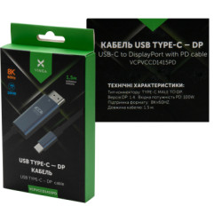 Кабель мультимедійний USB-C to DisplayPort M 1.5m v1.4 8K60Hz PD 100W port Vinga (VCPVCCD1415PD)