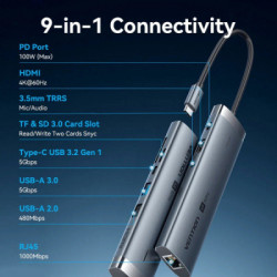 Концентратор Vention USB-C 9-in-1 HDMI 60Hz + 2xUSB 3.0 + RJ45 + SD/TF + 3.5mm + PD 100W (TGVHB)
