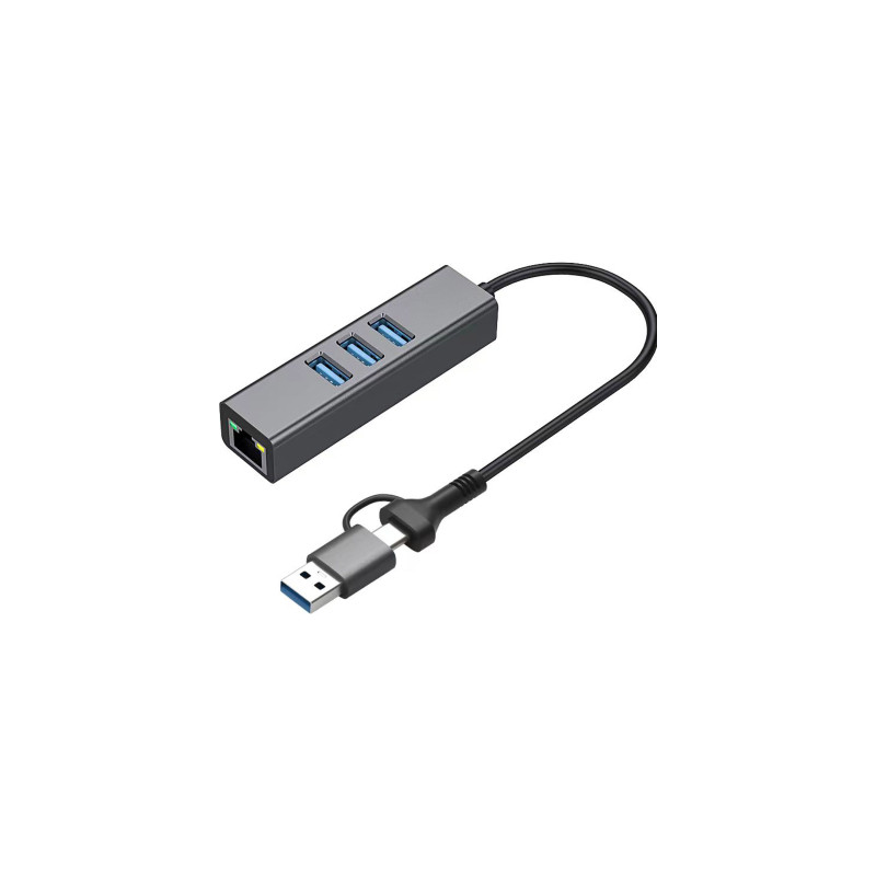 Концентратор USB 3.0 Type-C/Type-A to RJ45 Gigabit Lan, 3*USB 3.0, cable 13 cm Dynamode (DM-AD-GLAN-U3)