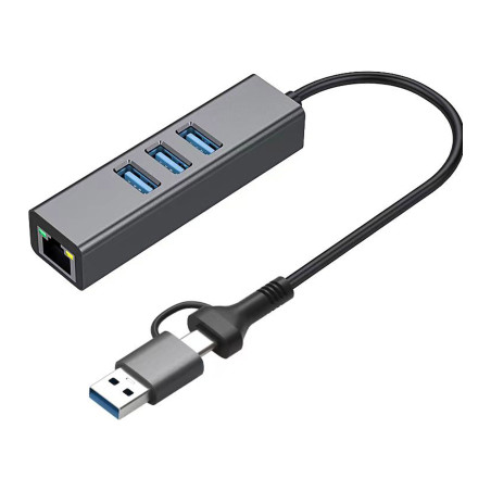 Концентратор USB 3.0 Type-C/Type-A to RJ45 Gigabit Lan, 3*USB 3.0, cable 13 cm Dynamode (DM-AD-GLAN-U3)
