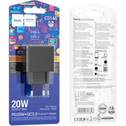Зарядний пристрій HOCO CS14A Ocean 1xUSB-C PD20W + 1xUSB QC3.0 Black (6942007603898)