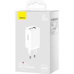 Зарядний пристрій Baseus 2xUSB-C 65W + 1xUSB GaN + cable USB-C to USB-C 100W 1.0m white (CCGP120202)
