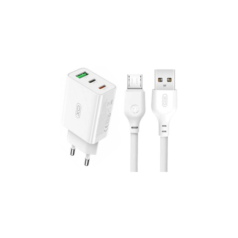Зарядний пристрій XO L101 PD + QC3.0 (1USB/2Type-C/20W) + USB - MicroUSB White (XO-L101-WH)