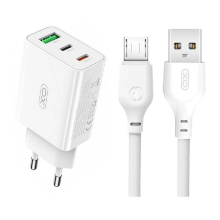 Зарядний пристрій XO L101 PD + QC3.0 (1USB/2Type-C/20W) + USB - MicroUSB White (XO-L101-WH)