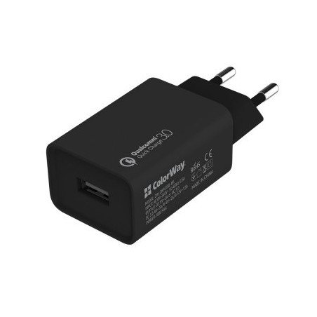 Зарядний пристрій ColorWay 1USB Quick Charge 3.0 (18W) black (CW-CHS013Q-BK)