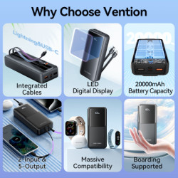 Батарея універсальна Vention 20000 mAh 22.5W with Built-in USB-C and Lightning Cables (FHPB0)