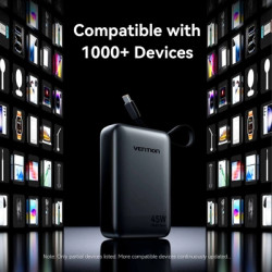 Батарея універсальна Vention 20000 mAh 45W Mini with Built-in USB-C Cable Gray (FHGH0)