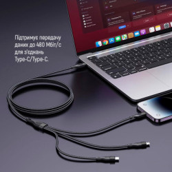 Дата кабель USB-C to Lightning + Micro 5P + USB-C 1.2m 3.0A (PD60W data) Black ColorWay (CW-CBPDU3060-BK)