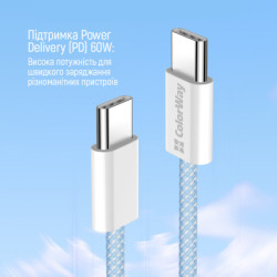 Дата кабель USB-C to USB-C 1.0m 60W 3.0А blue ColorWay (CW-CBPDCC061-BL)