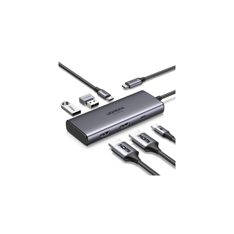 Концентратор Ugreen USB3.1 Type-C to HDMIx2 4K60Hz (8k30Hz)/USB3.0x2/Type-C/PD 100W CM498 (15852)