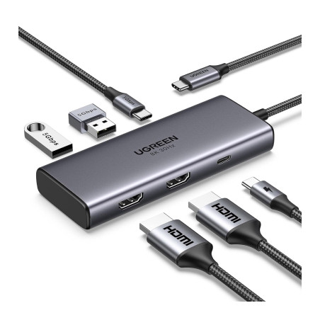 Концентратор Ugreen USB3.1 Type-C to HDMIx2 4K60Hz (8k30Hz)/USB3.0x2/Type-C/PD 100W CM498 (15852)