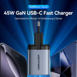 Зарядний пристрій Vention 2xUSB-C PD45W GaN gray (FCDH0-EU)