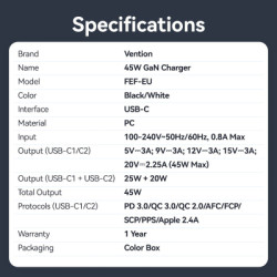 Зарядний пристрій Vention 2xUSB-C PD45W GaN transparent white (FCFW0-EU)