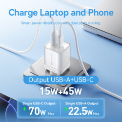 Зарядний пристрій Vention 1xUSB-C PD70W + 1xUSB QC3.0 22.5W GaN transparent gray (FCGH0-EU)