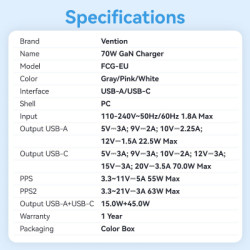 Зарядний пристрій Vention 1xUSB-C PD70W + 1xUSB QC3.0 22.5W GaN transparent gray (FCGH0-EU)