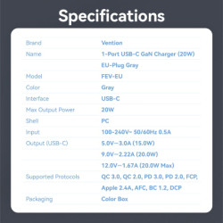 Зарядний пристрій Vention USB-C PD20W GaN gray (FEVH0-EU)
