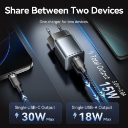 Зарядний пристрій Vention 1xUSB-C PD30W + 1xUSB QC3.0 18W GaN gray (FEWH0-EU)
