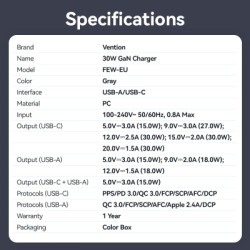Зарядний пристрій Vention 1xUSB-C PD30W + 1xUSB QC3.0 18W GaN gray (FEWH0-EU)