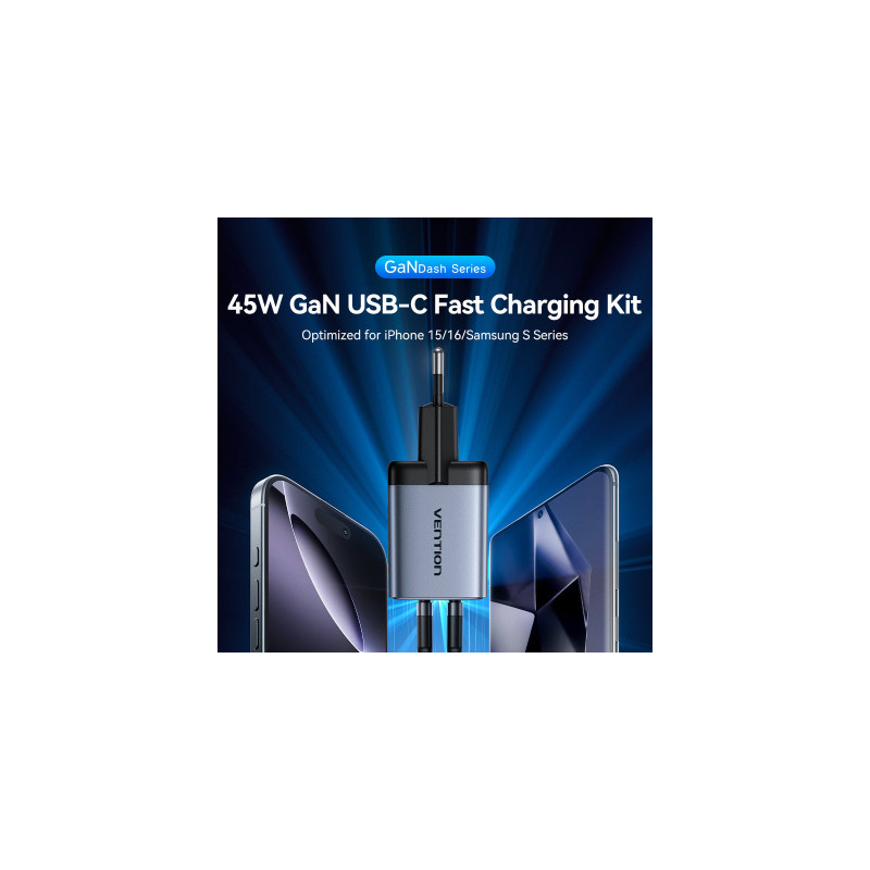 Зарядний пристрій Vention 2xUSB-C PD45W GaN + cable USB-C to USB-C 1.0m black gray (TZ-FCDH0-EU)