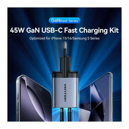 Зарядний пристрій Vention 2xUSB-C PD45W GaN + cable USB-C to USB-C 1.0m black gray (TZ-FCDH0-EU)