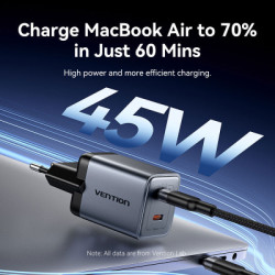 Зарядний пристрій Vention 2xUSB-C PD45W GaN + cable USB-C to USB-C 1.0m black gray (TZ-FCDH0-EU)