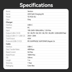 Зарядний пристрій Vention 2xUSB-C PD45W GaN + cable USB-C to USB-C 1.0m black gray (TZ-FCDH0-EU)