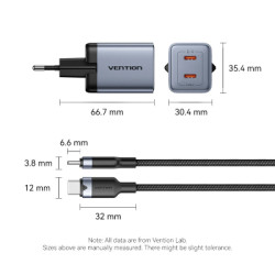 Зарядний пристрій Vention 2xUSB-C PD45W GaN + cable USB-C to USB-C 1.0m black gray (TZ-FCDH0-EU)